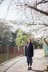 春の桜満開の公園で遊ぶ元気な女子中学生の姿