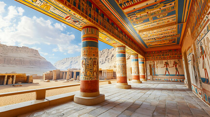 Ancient Egyptian colonnade, vibrant murals, desert backdrop.  Exterior view of a meticulously detailed, colorful colonnaded hall with hieroglyphic murals and a sandy desert landscape beyond