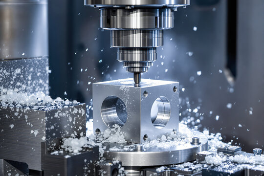 cnc milling machine precisely cutting a metallic cube