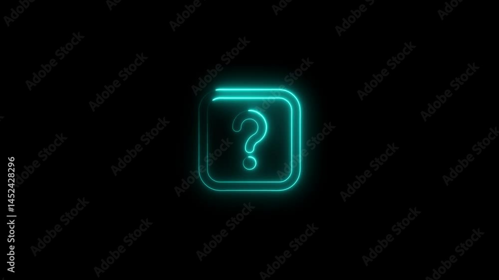 Poster glowing neon question mark icon inside a square on a black background