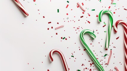 Red, green, and white Christmas candy canes standing alone on a clean white background, representing the festive Christmas spirit and the sweet essence of the holiday season. The bright colors of the 