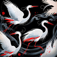 Cranes gracefully moving through swirling clouds in an intricate artistic depiction