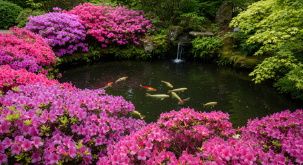 Fototapeta premium Idyllic Pond With Koi Fish And Blooming Azaleas in a Japanese Garden