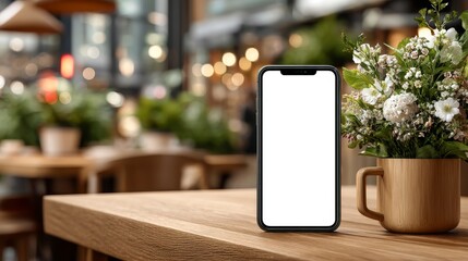 Blank Smartphone on Wooden Table with Flower Arrangement in Cafe