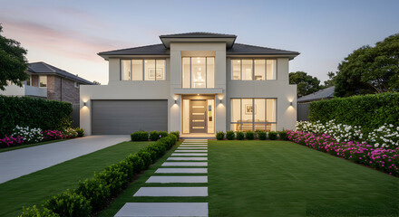 Elegant Two Story Modern House with Landscaped Yard at Twilight