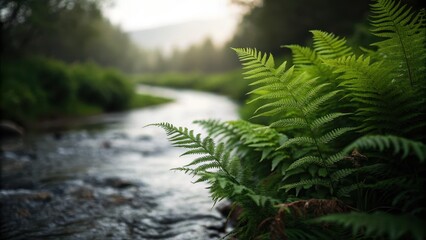 countryside scenery river lush Concept. Lush ferns by a serene river in a tranquil natural setting.
