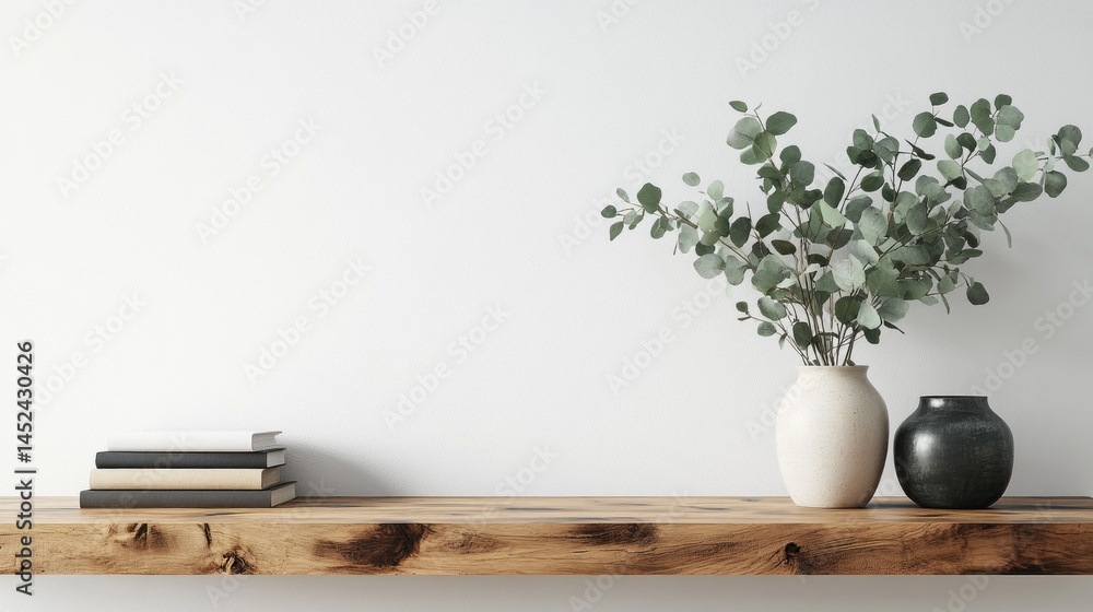Poster a stylish scandinavian sideboard showcases minimalist design with a wooden surface. two vases hold g