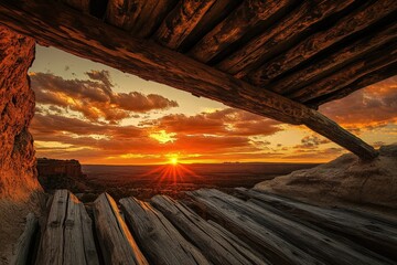 Fototapeta premium A scenic sunset view through rustic wooden beams.