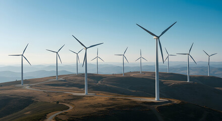 Obraz premium Expansive Wind Turbines on Rolling Hills under Clear Blue Sky
