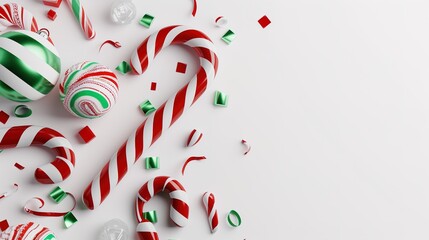 Obraz premium Red, green, and white Christmas candy canes standing alone on a clean white background, representing the festive Christmas spirit and the sweet essence of the holiday season. The bright colors of the 
