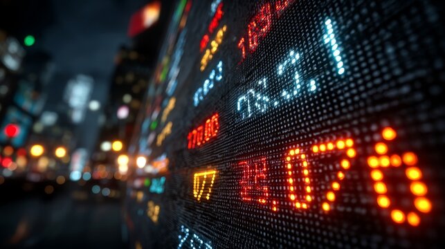 Digital Stock Market Ticker with Financial Data in Modern City Night