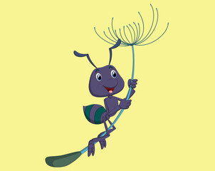 Cute ant cartoon flying with dandelion vector illustration