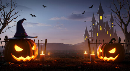 Spooky Halloween Pumpkin Scene with Castle and Bats at Dusk