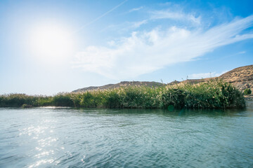 Aswan High Dam, Egypt: A serene Nile River shoreline in spring, with lush reeds and sandy hills under a bright blue sky with scattered clouds.