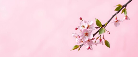 Delicate spring pink flower branch pattern on a soft pink background, empty space, petals