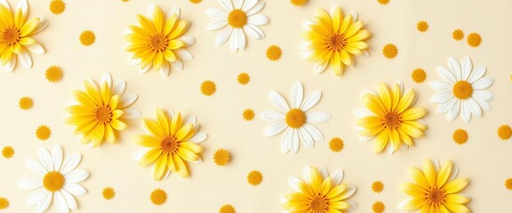 Delicate yellow and white floral textile pattern, cream background, bright, illustration