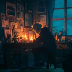 Fototapeta premium Young Artist Working Late at Night in a Cozy Studio Environment