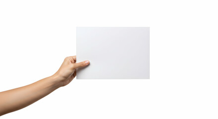 Obraz premium Hand Holding Blank White Paper Against Simple White Background