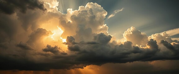 Dramatic panorama of dark storm clouds pierced by golden sunlight, double exposure effect, golden light, composite