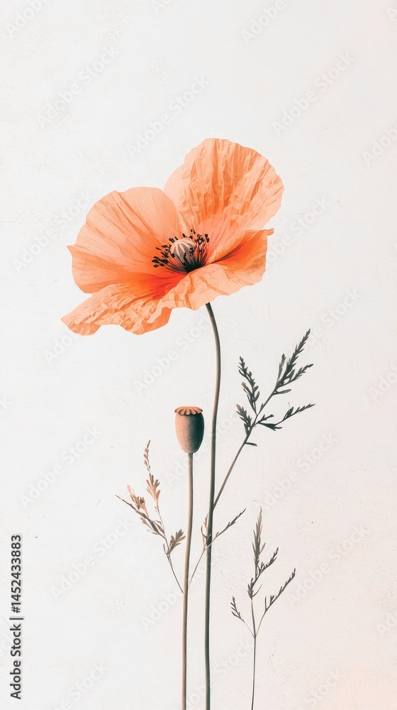 Aufkleber a vibrant orange poppy stands tall with its delicate petals gracefully opened. accompanied by slende