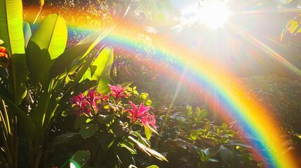 A bright double rainbow forming over a garden with a variety of plants