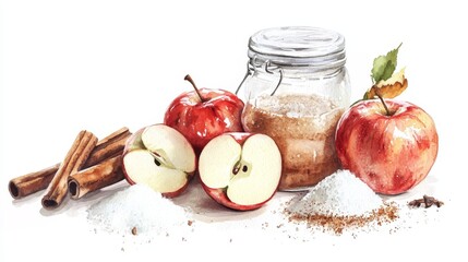 Apple Cinnamon Sugar Baking Ingredients - Watercolor painting of red apples, cinnamon sticks, sugar, and brown sugar, perfect for baking recipes and autumn themes
