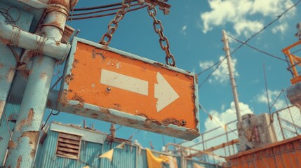 Fototapeta premium Weathered Direction Sign on Chain Against a Bright Sky Background