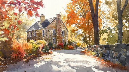 Fototapeta premium Autumnal Stone House and Sunlit Path - A watercolor painting depicting a serene autumn scene, symbolizing tranquility, warmth, the beauty of nature, the passage of time, and homecoming