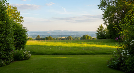 Fototapeta premium Peaceful Countryside Vista with Lush Greenery Under Gentle Sky
