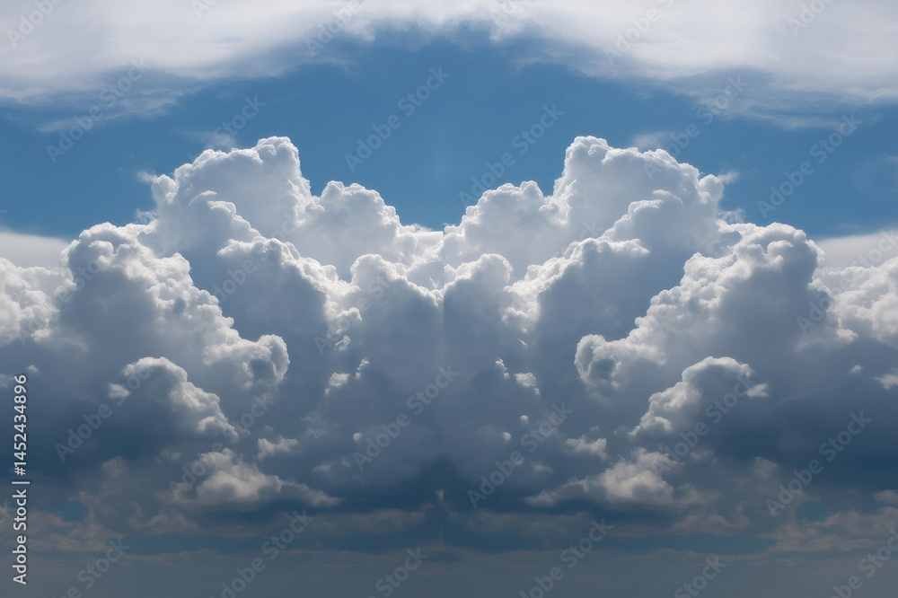 Poster large white cumulus clouds creating a perfectly symmetrical and mirrored pattern against a blue sky,