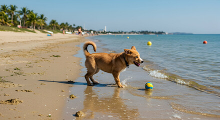 Playful Dog Enjoys Day at the Beach with Colorful Ball and Waves