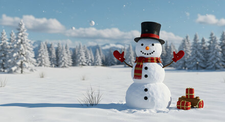 Obraz premium Cheerful Snowman in Winter Landscape with Gifts and Trees