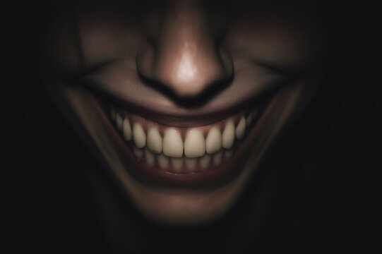 Close up of a disturbing, wide smile showing unsettlingly perfect teeth, creating a sense of unease and mystery