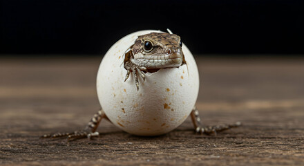 Lizard Emerging from Egg on Wooden Surface with Black Background