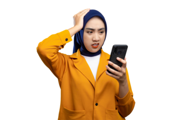 Upset young Asian woman looking at mobile phone screen with worried expression, reading negative message isolated on transparent background