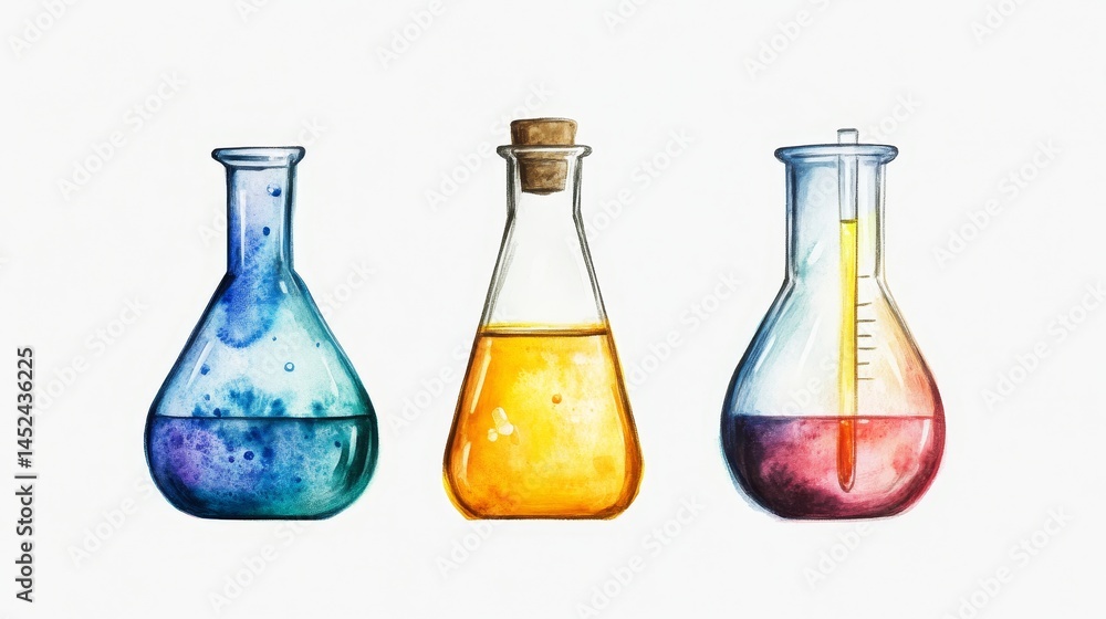 Poster colorful erlenmeyer flasks with liquids - three erlenmeyer flasks filled with different colored liqu