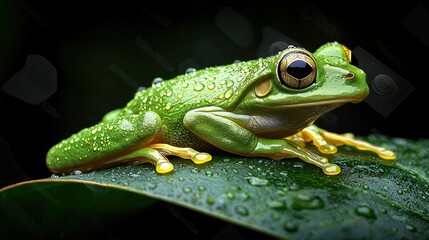 Fototapeta premium A bright green tree frog perched on a leaf, with dew drops sparkling on its skin.