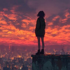 Person in Hoodie Standing Against Vibrant Sunset City Skyline