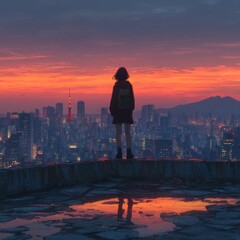 Young Girl Overlooking Vibrant Tokyo Skyline at Sunset