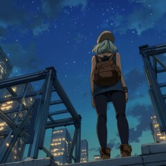 Young Woman Standing on Rooftop Overlooking City at Night Sky