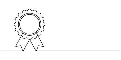 Single continuous line drawing of the best quality award badge with gold star winning medal illustration, Award ribbon badge continuous one line drawing illustration, Award Badge continuous one line.