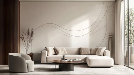 Elegant abstract line art sticker in a modern living room