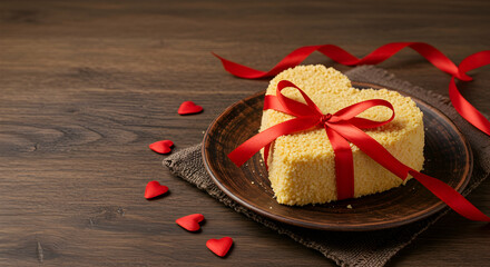 Heart-Shaped Cake with Red Ribbon on Wooden Table Surrounded by Hearts