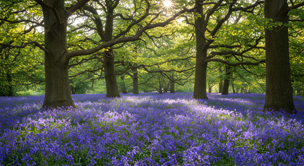 Obraz premium Sunlit Bluebell Woodland Glade in Springtime