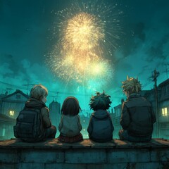 Children Watching Fireworks in a Vibrant Urban Setting at Night