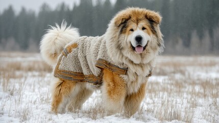 Fluffy Dog in Winter Coat Standing in Snowy Field Outdoors