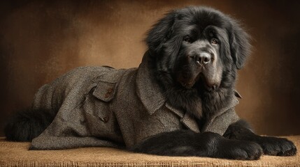 Stylish Newfoundland Dog Dressed in Elegant Brown Coat Posing Stylishly