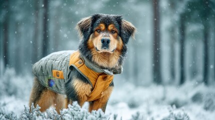 Dog in Winter Coat Surrounded by Snowy Forest Atmosphere