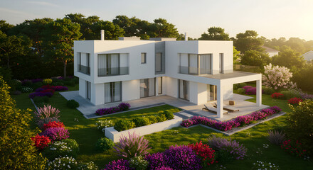 Fototapeta premium Modern Residence With Lush Greenery Exterior On Serene Day