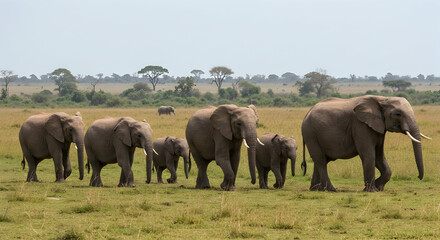 Fototapeta premium Elephants Walking Across Open Savanna Landscape in Natural Habitat